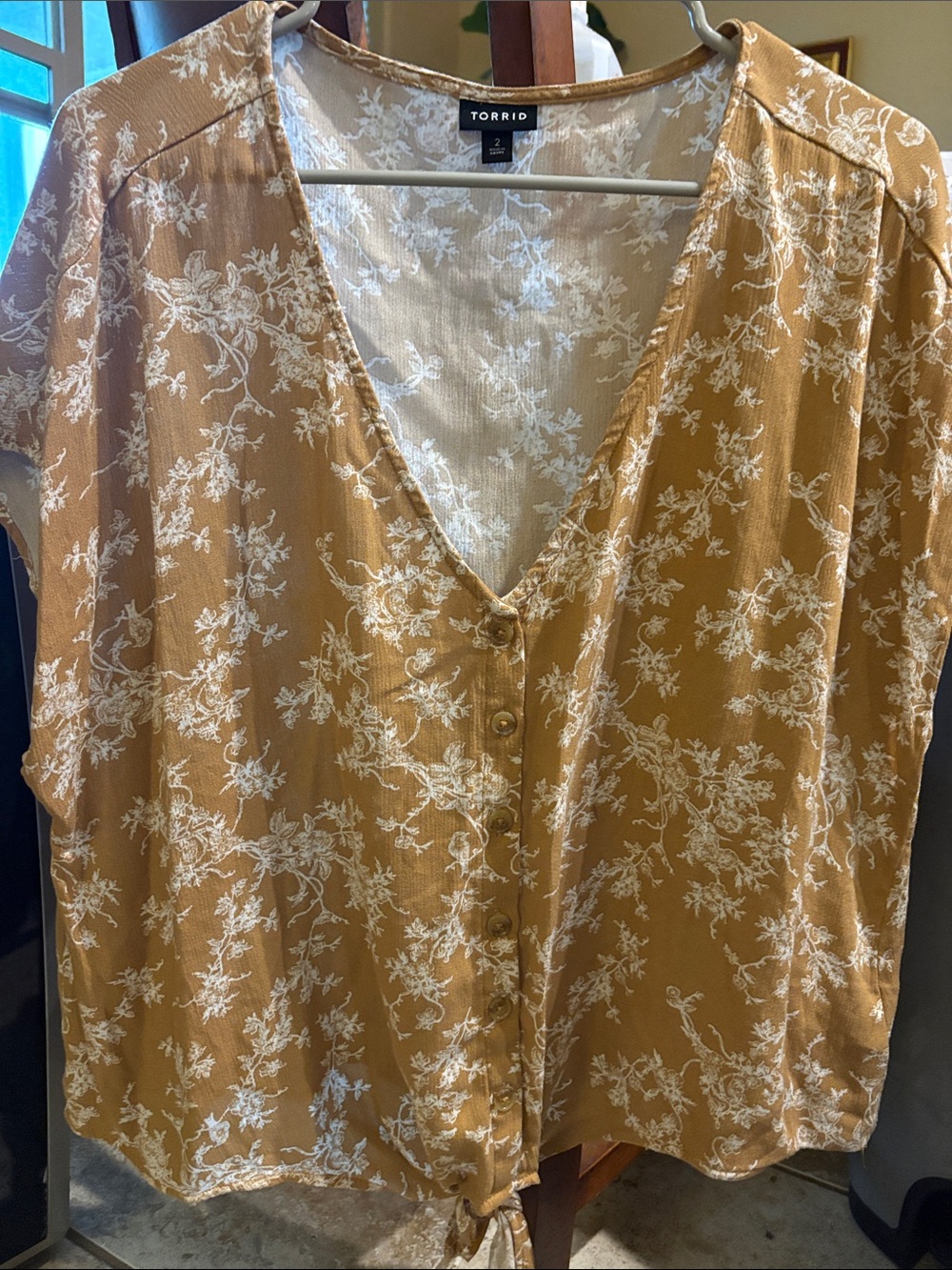 torrid Mustard Yellow Floral Button-Front Tie Hem Top 2x